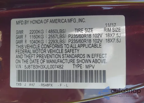 2018 Acura Rdx Acurawatch Plus Package z USA, uszkodzony, nr VIN 5J8TB3H3XJL007482